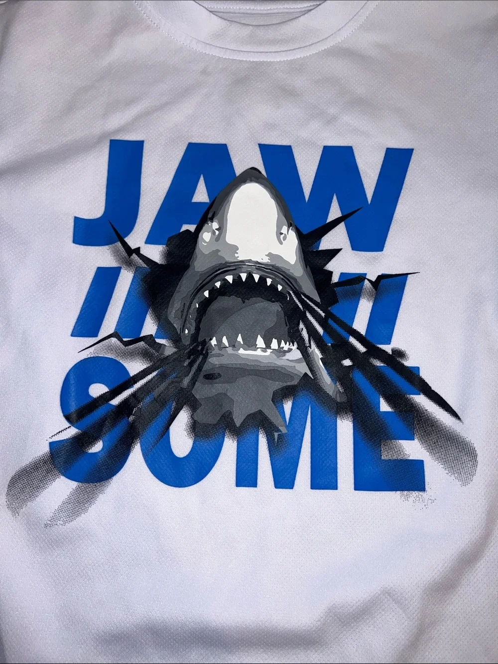 White 'Jaw-some' Shark Graphic Tee with Blue Swim Trunks Size 10-12